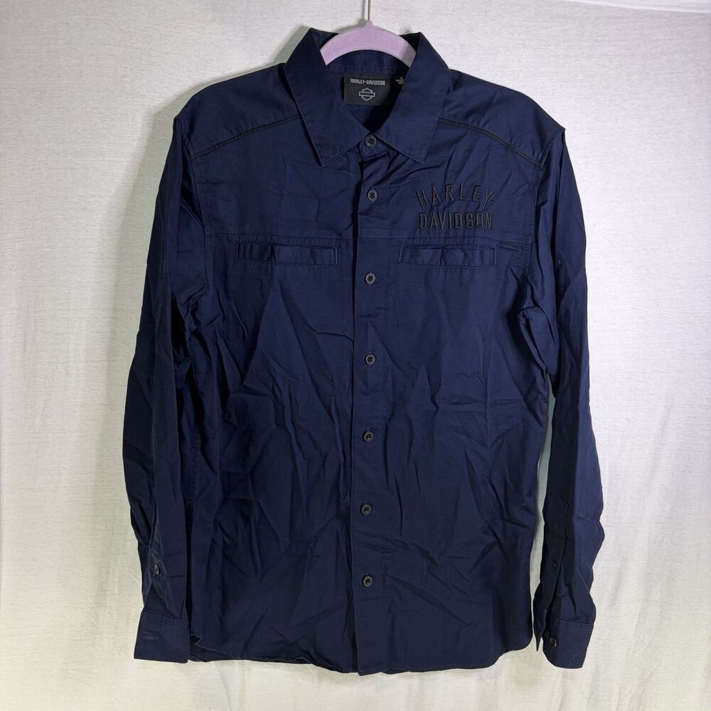 Harley Davidson Staple Navy Long Sleeve Button Down Shirt Mens Medium